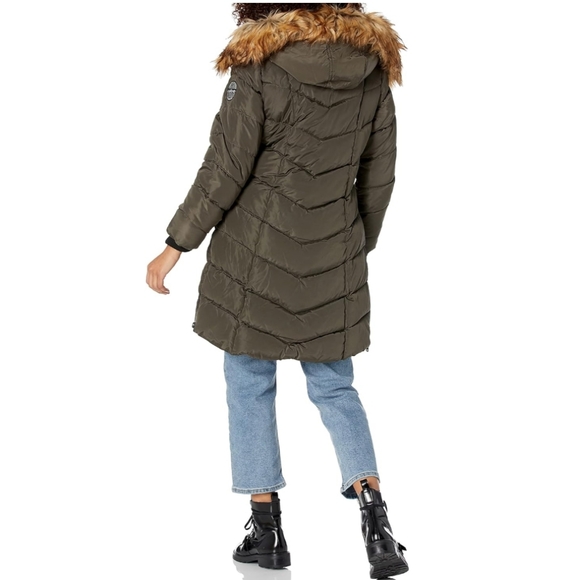 Stylish Women's Long Hooded Puffer Jacket by bebe Size L Green - Picture 2 of 13